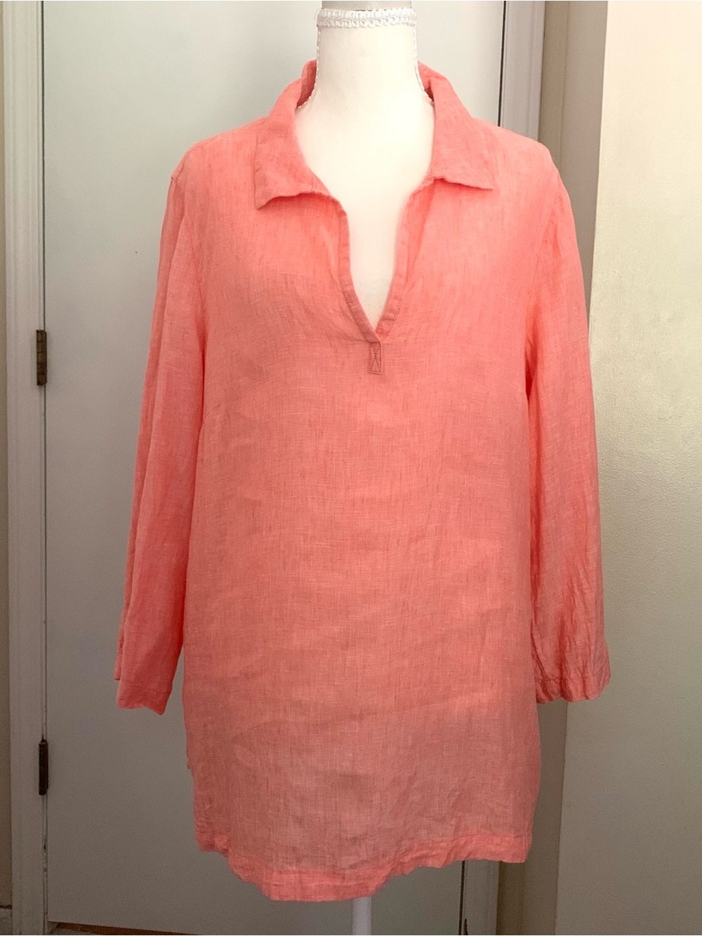Sigrid Olsen Linen Tunic Top Coral V-neck Long Sleeve Beach Coastal Resort Sz L
